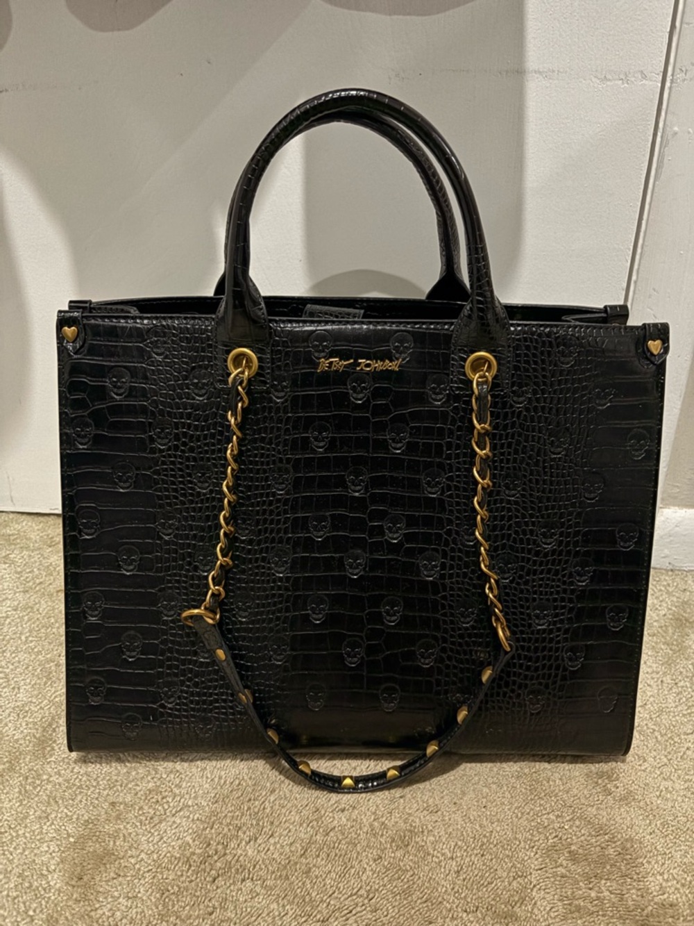 Betsey Johnson Black Croc-Embossed Tote with Gold Chain Detailing